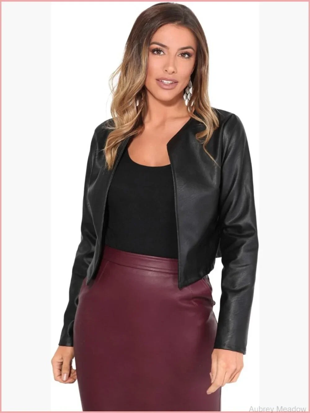 Womens Faux Leather Cropped Bolero Jacket Long Sleeve PU Blazer
